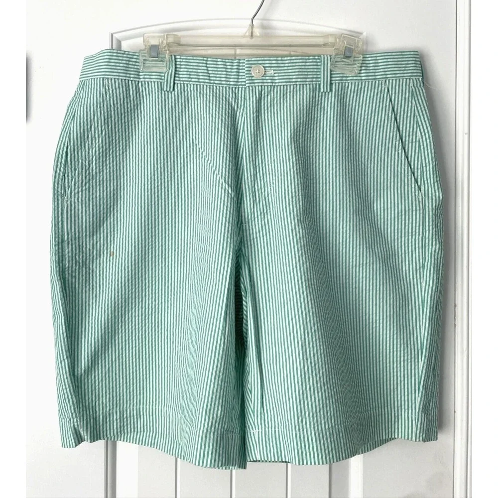 Brooks Brothers Green White Flat Front Seersucker Bermuda Shorts 100% Cotton W35